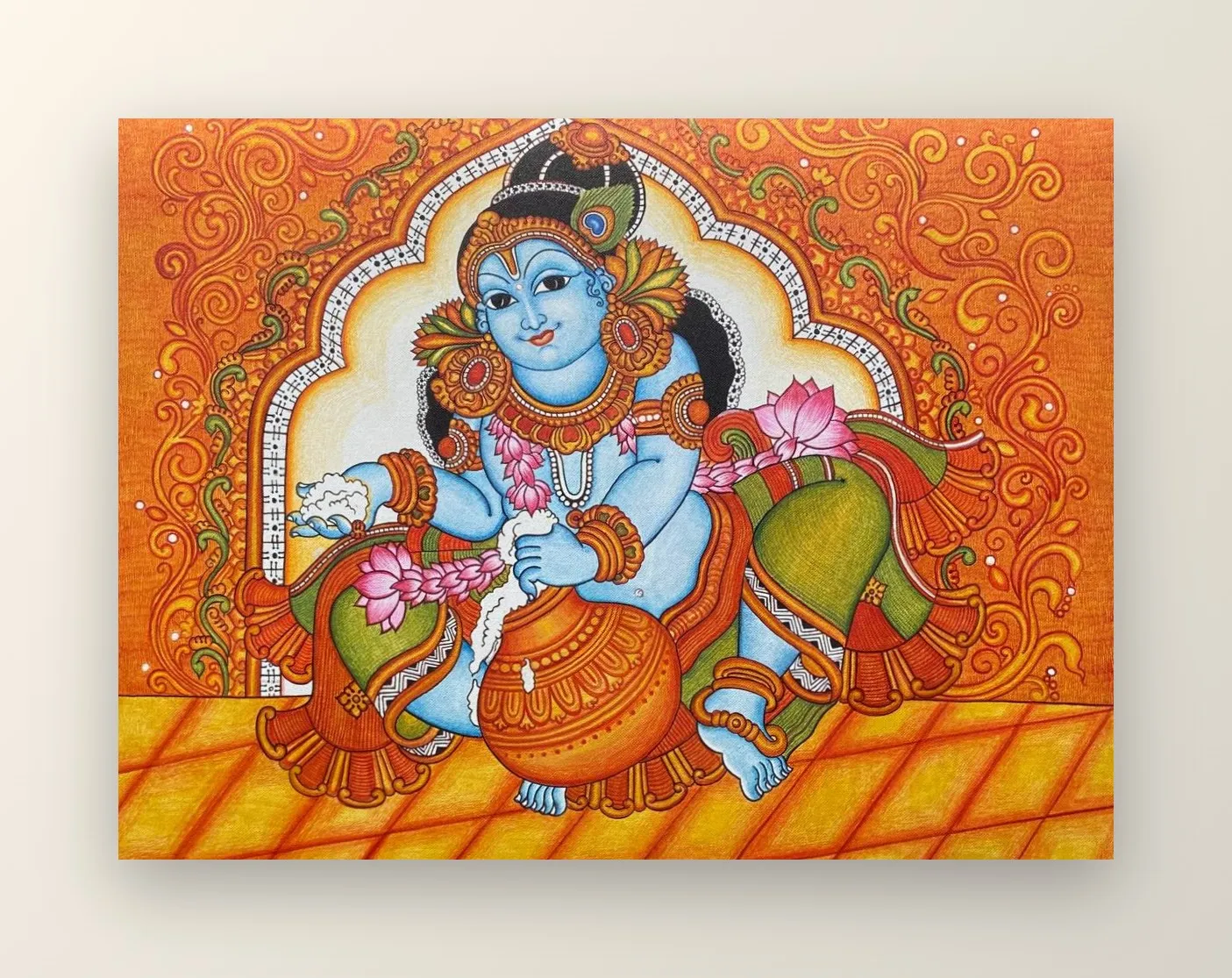 The divine childhood form of Sri Krishna savoring his favorite butter from a pot.
