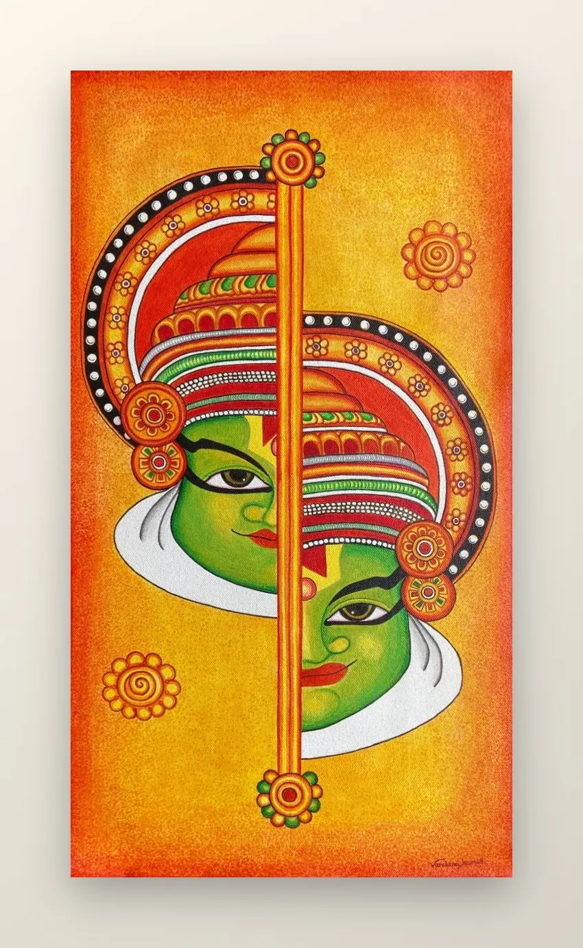 A contemporary interpretation of Kathakali, capturing the harmony of duality through symmetry, colour, and tradition.